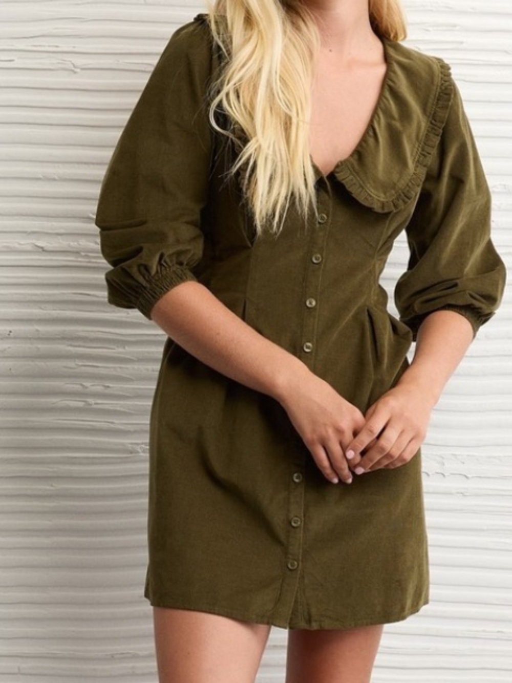 American Eagle Outfitters Olive Green Button-Front Mini Dress with Ruffle Collar